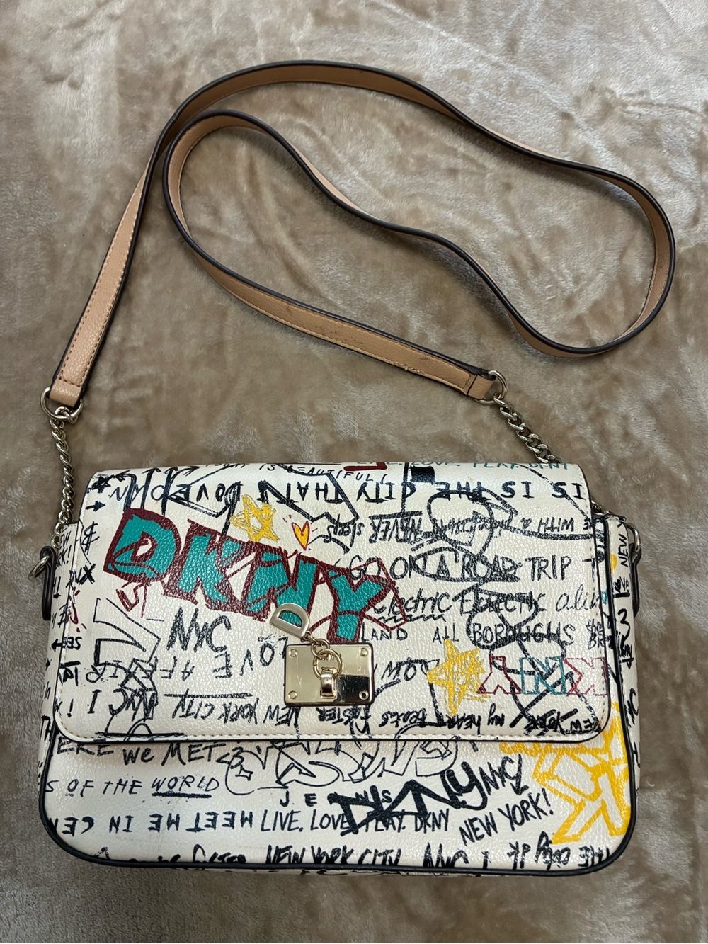 DKNY White Graffiti Crossbody with Teal, Yellow and Black Accents